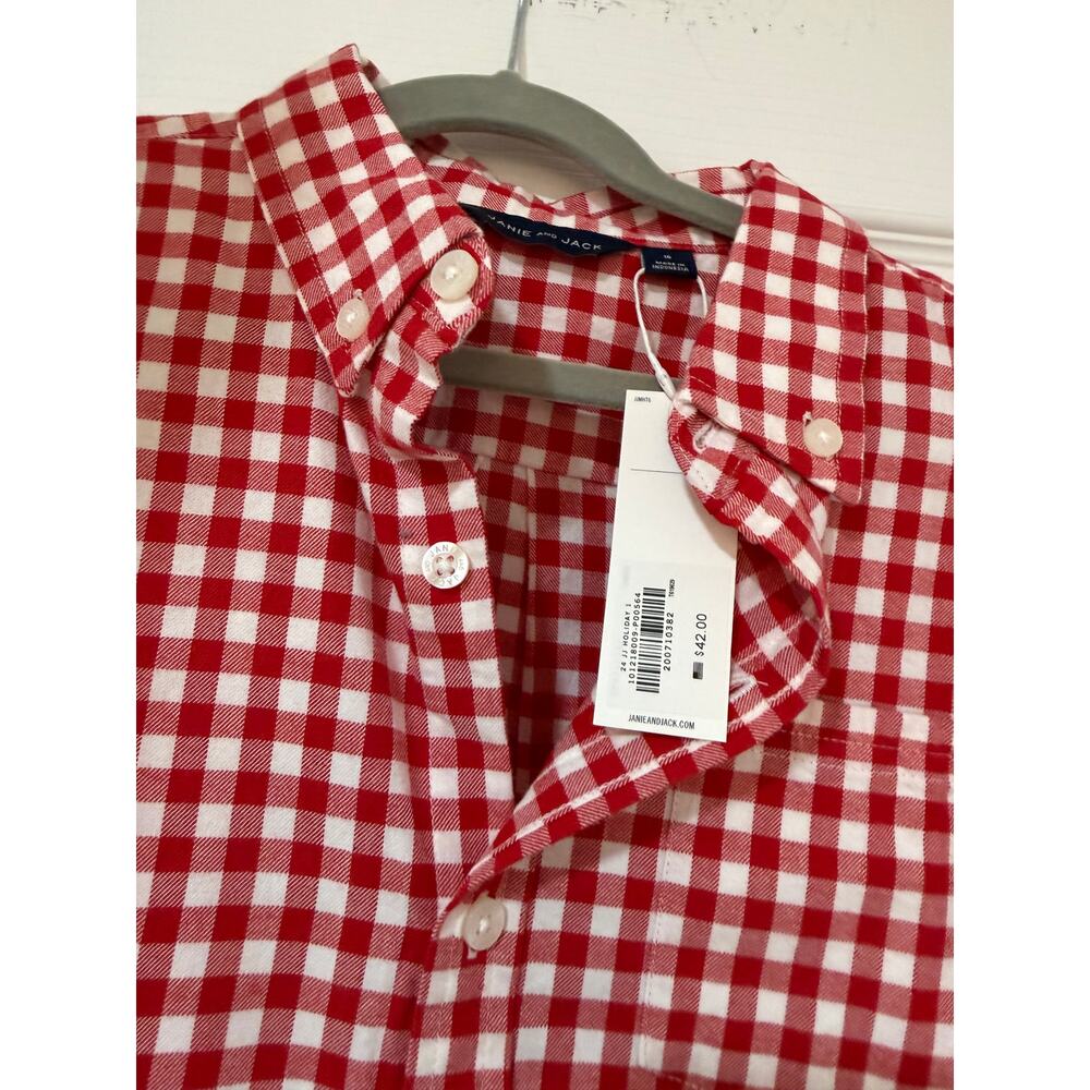 Janie and Jack Boys - Red Houndstooth Brushed Twill Shirt - Christmas - Size 16 - Picture 3 of 6